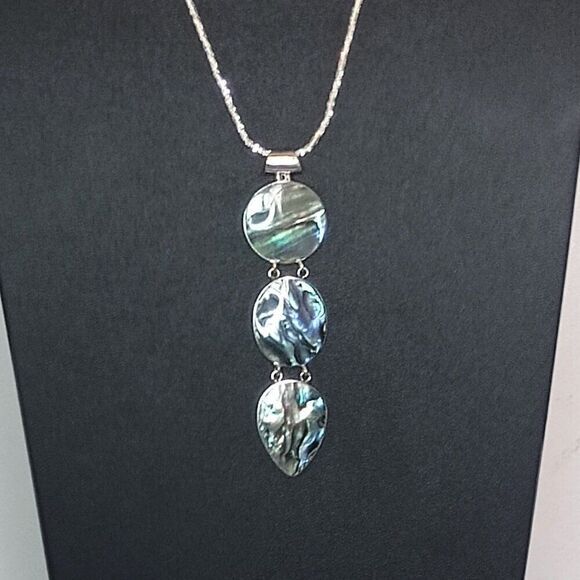 Abalone Shell Pendant Drop Necklace Triple Teardrop Circle Design Chain Sterling - Picture 1 of 8